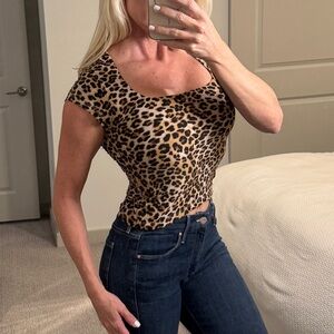 Leopard Square Neck Short Sleeve Top - Tan & Black Medium or Small